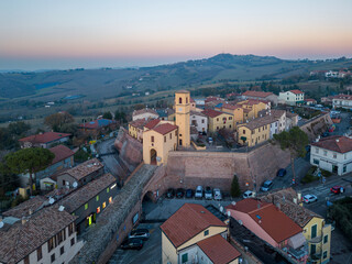 Fototapeta na wymiar Italy, December 13, 2023 - aerial view of the town of Tavullia in the province of Pesaro and Urbino in the Marche region. We are on the border with Romagna