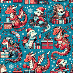 Fototapeta na wymiar Vector christmas pattern with cartoon dragon cubs in santa claus hat, gifts, coffee and snowflakes. 2024 New Year fashion ornament for fabric, paper, textiles, notepad, children clothing, packaging.