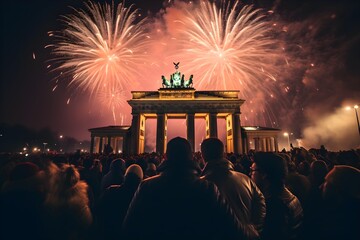 Couple Welcoming the New Year at Brandenburg Gate Amidst Fireworks, in Germany Berlin