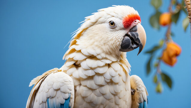 white parrot on a bright blue background. backdrop with copy space