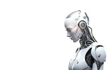 Naklejka premium Futuristic fusion, A robot with a girls face on a clean white background, a captivating blend of technology and humanity in this intriguing stock photo.