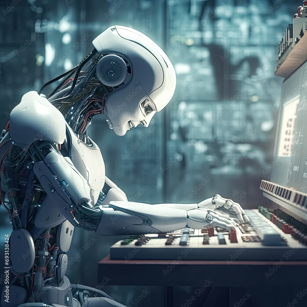 Poster digital synergy, robot working diligently at a computer, a seamless blend of automation and technolo