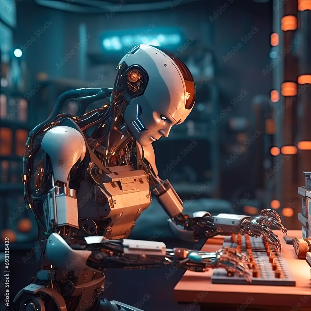 Poster digital synergy, robot working diligently at a computer, a seamless blend of automation and technolo