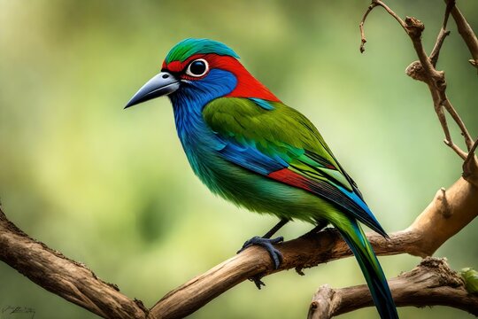 A captivating image of a beautiful green bird with a distinctive blue chin, black face, red head, and long tail, 
