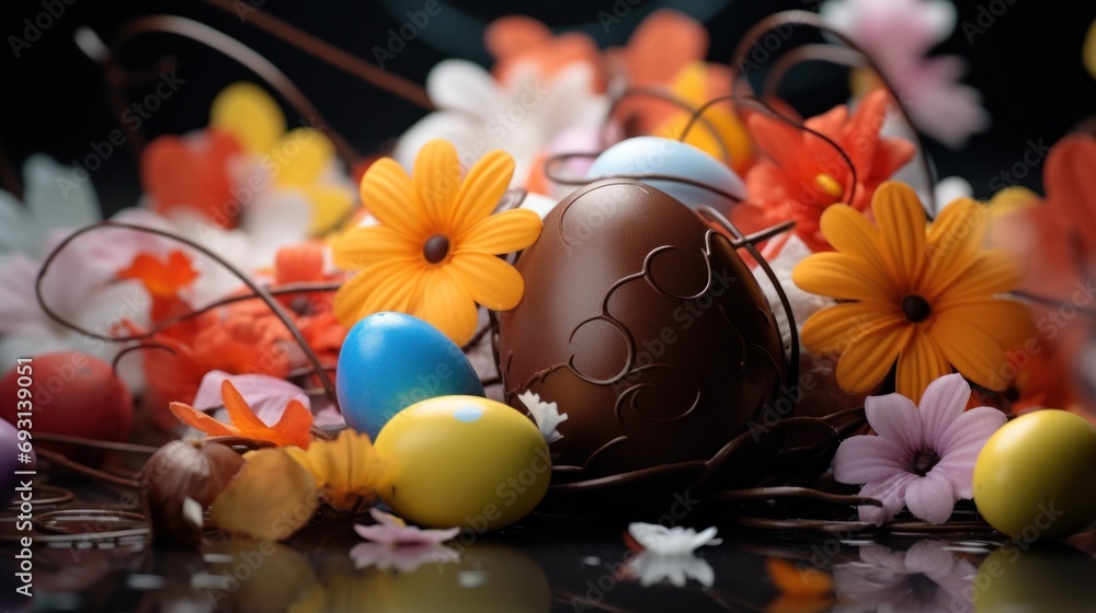 Poster a chocolate egg sitting on top of a table next to a bunch of flowers and a bunch of eggs on top of a