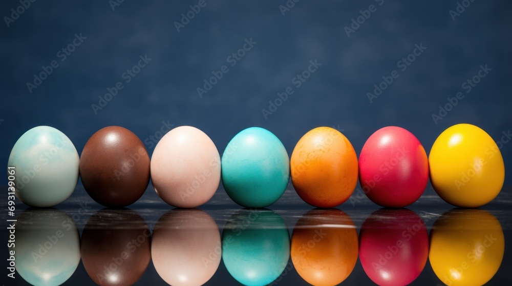 Poster a row of colored eggs sitting next to each other on top of a reflective surface in front of a blue b