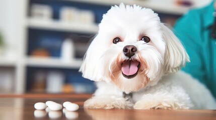 Caring for your furry friend! a small dog, a miniature poodle on a background of tablets
