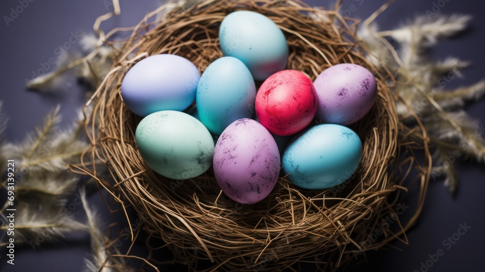 Poster a nest filled with colored eggs sitting on top of a blue surface next to dry grass and a bird's nest