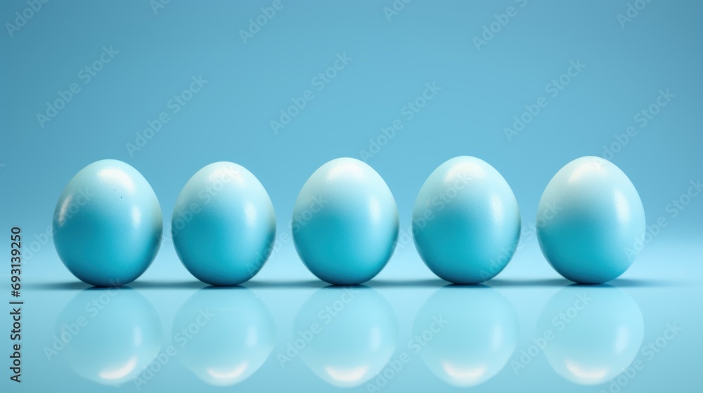 Poster a row of blue eggs sitting next to each other on a blue surface with a reflection of the eggs in the