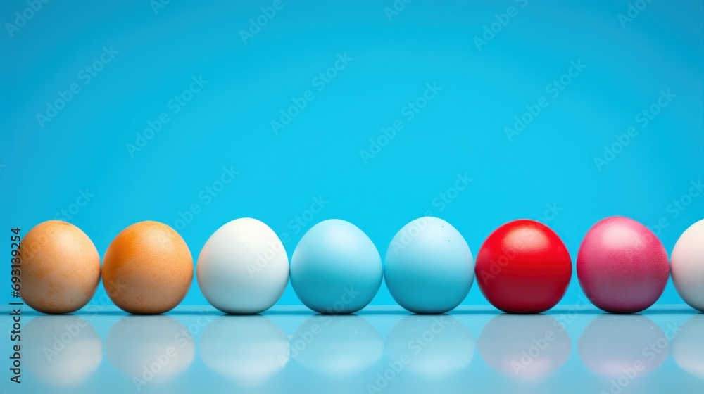 Poster a row of different colored eggs in a row on a blue background with a reflection of the eggs on the s