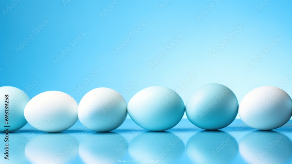 Poster a row of white eggs sitting next to each other on a blue counter top in front of a light blue backgr