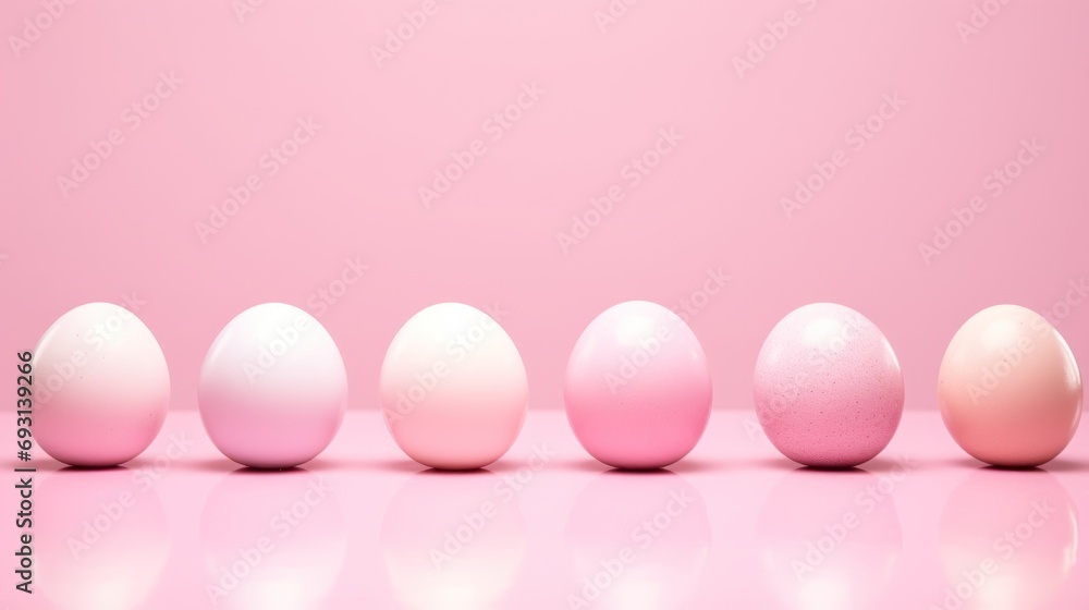 Poster a row of pink and white eggs in a row on a pink background with a reflection of the egg in the middl