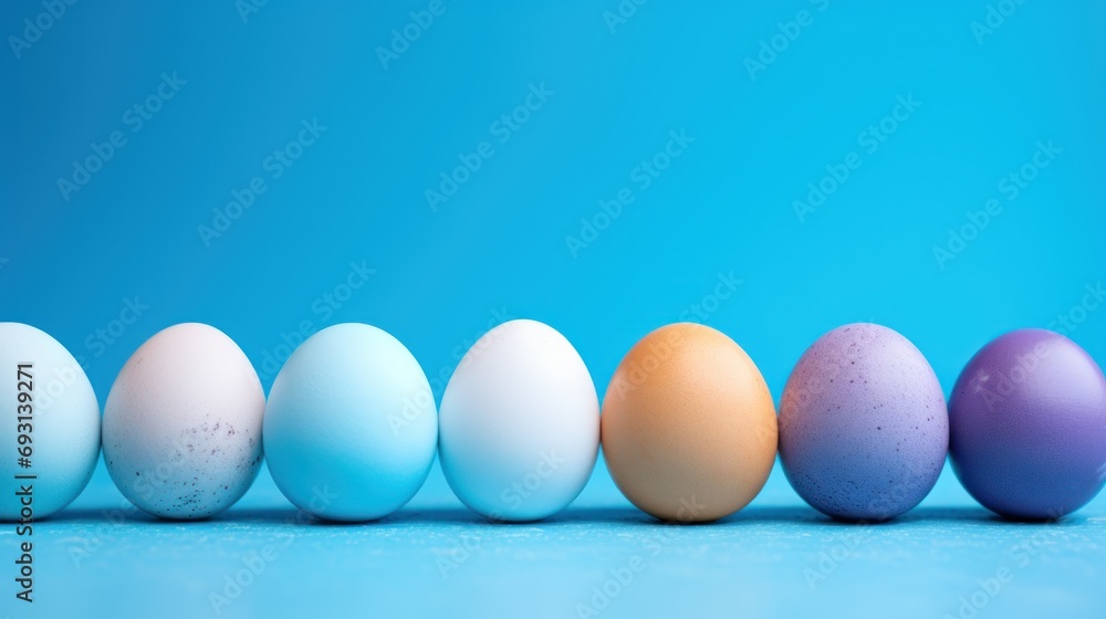 Poster a row of different colored eggs sitting in a row on top of a blue surface with one egg in the middle