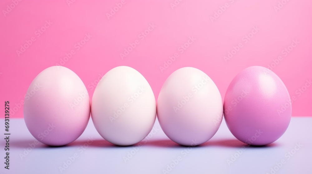 Poster a row of eggs sitting next to each other on a pink and white surface with one egg in the middle of t