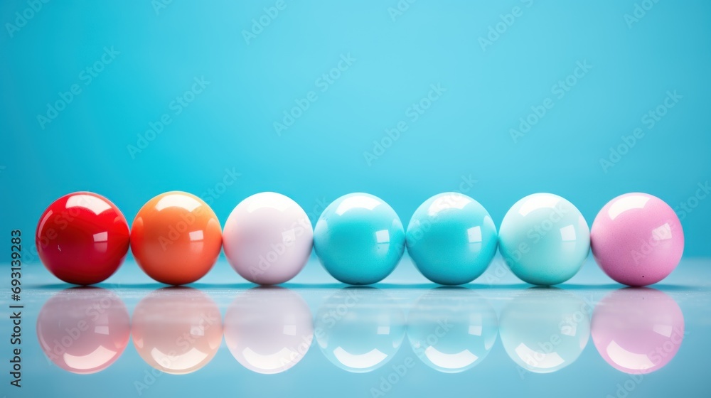 Poster a row of different colored eggs sitting on top of a blue and white counter top in front of a blue an