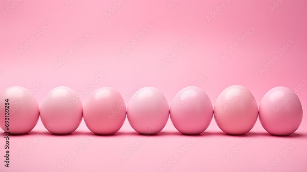Poster a row of pink eggs sitting in the middle of a row on top of a pink surface, with one egg in the midd