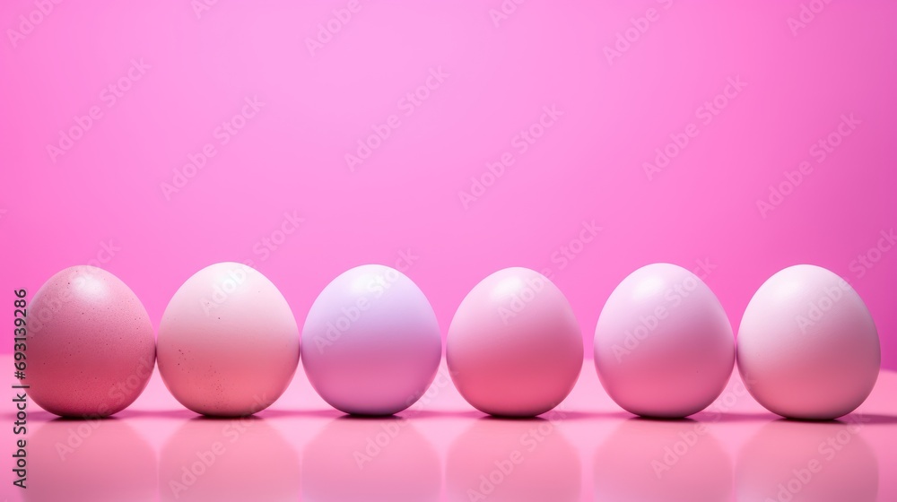 Poster a row of eggs sitting next to each other on a pink and pink surface with one egg in the middle of th