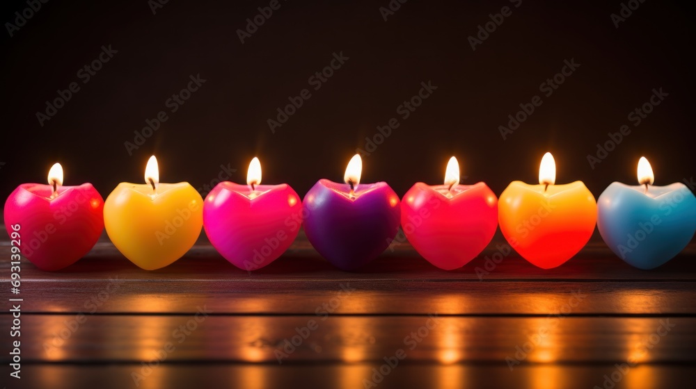 Poster a row of multicolored candles sitting next to each other on top of a wooden table in front of a dark