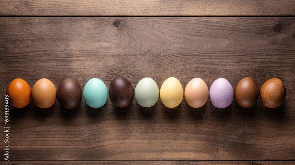 Poster a row of different colored eggs sitting on top of a wooden table with one egg in the middle of the r