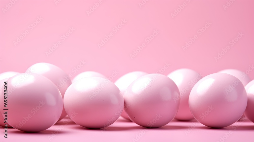 Poster a row of pink eggs sitting in front of a pink background with a light pink wall in the middle of the