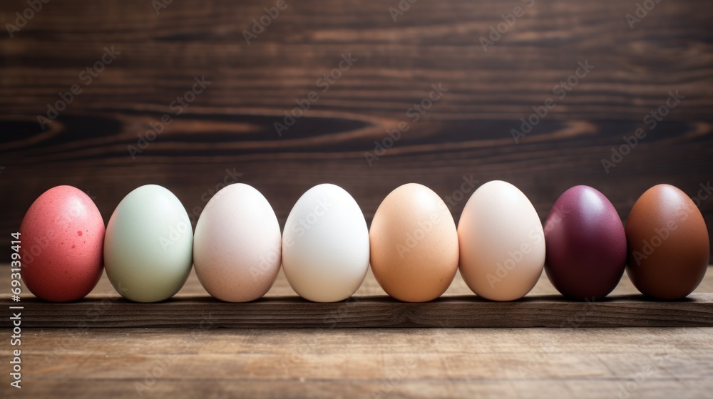 Poster a row of different colored eggs sitting on top of a wooden table in front of a dark wood background 