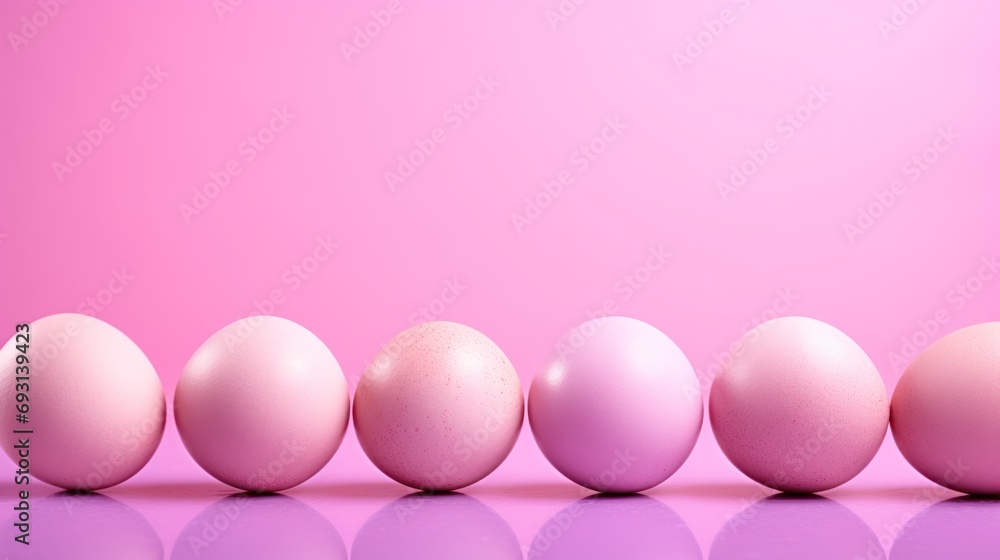 Poster a row of pink eggs sitting in front of a pink background with one egg in the middle of the row and o