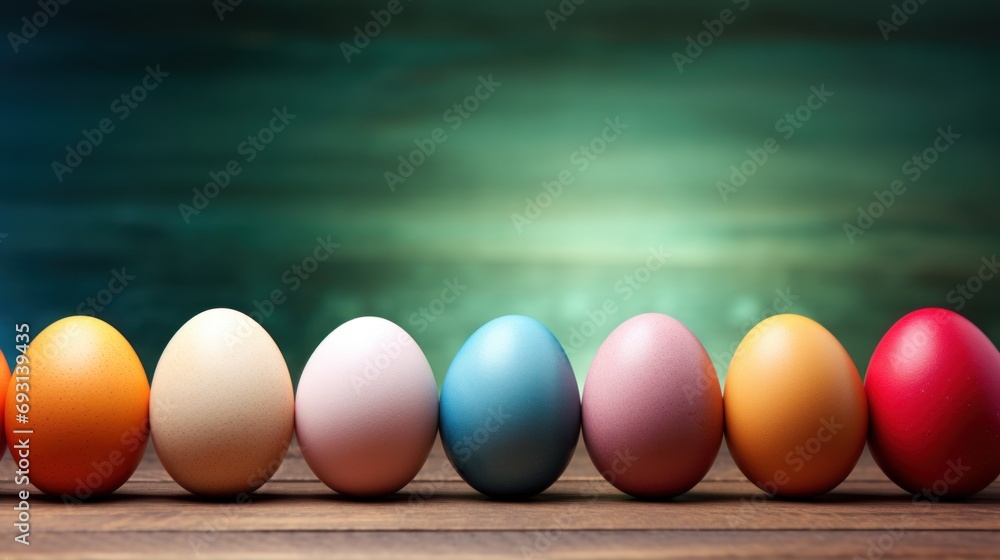 Poster a row of colored eggs sitting on top of a wooden table in front of a green and blue background with 