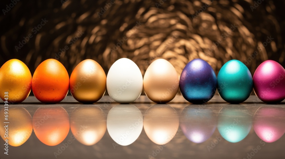 Poster a row of colored eggs sitting next to each other on top of a reflective surface with a light shining