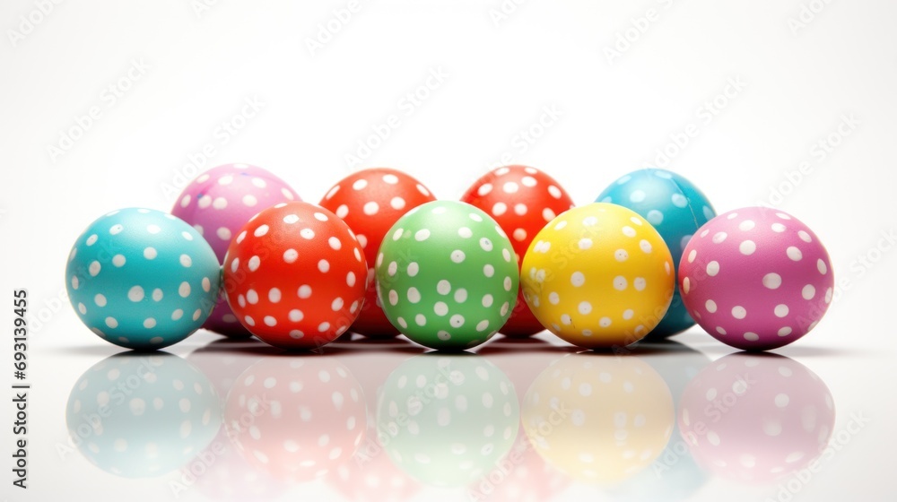 Poster a row of brightly colored easter eggs with white polka dots on a white background with a reflection 