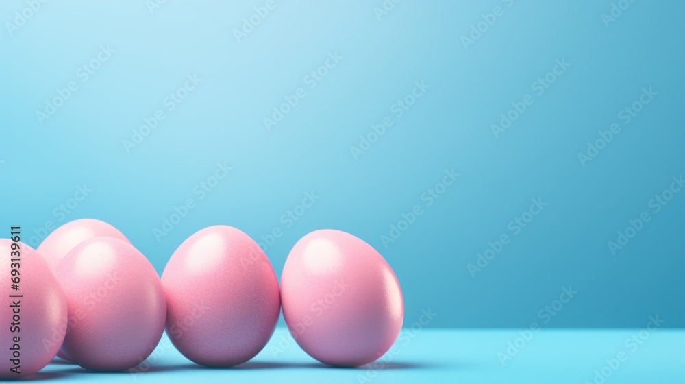 Poster a row of pink eggs sitting in front of a blue background with a light blue backround to the left of 
