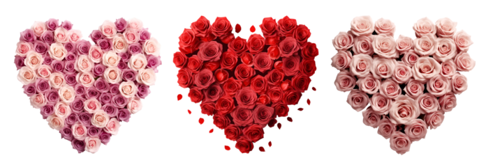 Collection set of rose roses flower floral wreath in heart love shape on transparent background cutout, PNG file. Mockup template artwork graphic design