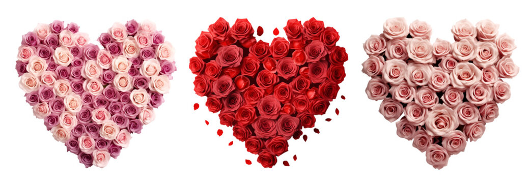 Collection set of rose roses flower floral wreath in heart love shape on transparent background cutout, PNG file. Mockup template artwork graphic design