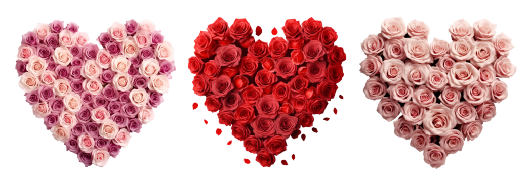 Collection set of rose roses flower floral wreath in heart love shape on transparent background cutout, PNG file. Mockup template artwork graphic design