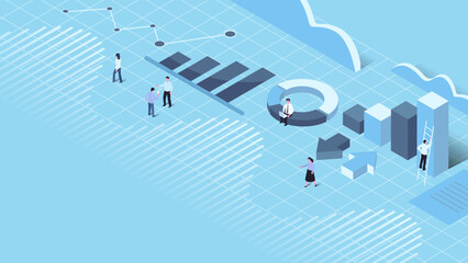 vector isometric background illustration, computing concept and and graph and people	
