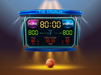 basketball scoreboard stadium spotlight and scoreboard background with glitter light vector illustration. You can change number of score easily.