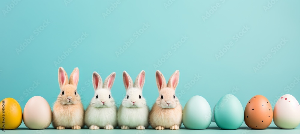 Poster easter bunny rabbit with egg on isolated pastel spring background copy space for text placement