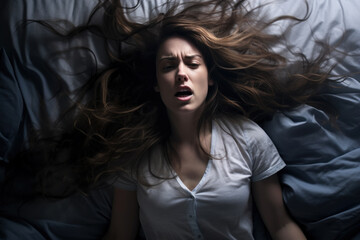 A woman in bed with her hair down in a crazy energetic manner in the bedroom against the night lights has an exaggerated expression of fear, irritability. - obrazy, fototapety, plakaty