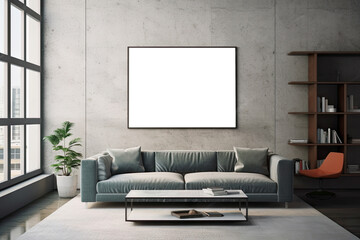 Stylish living room interior of modern apartment with gray coach, sofa, table, wooden furniture and mockup of blank white canvas picture poster frame on grunge stucco wall. Modern home interior design