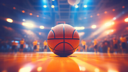 Closeup of a basketball on the court