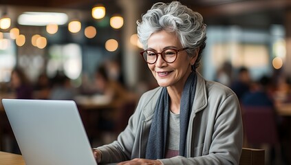 Café Productivity: Old Woman Thrives with Laptop Tasks
