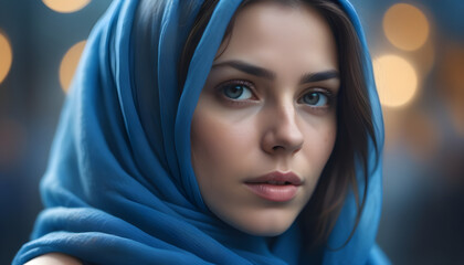 Portrait of a beautiful young muslim woman with blue hijab. Generative AI