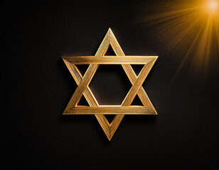 Golden Star of David on a black background. Solidarity with the Jews. Hanukkah celebration concept. Design for greeting card, poster, print
