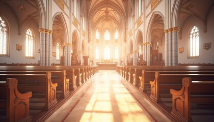 Tranquil easter church interior with radiant light streaming through stained glass windows