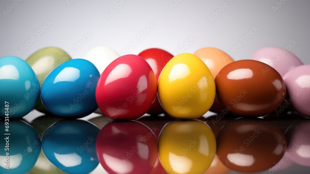 Poster a row of multicolored eggs sitting on top of a reflective surface in front of a white background wit
