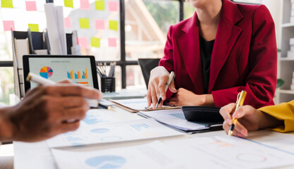 Team of business people working together in the meeting room office, teamwork background charts and graphs banner, double exposure successful teamwork,business planning concept.
