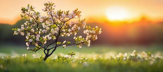 Blooming tree in green meadow on spring easter sunrise with blurred background for text placement