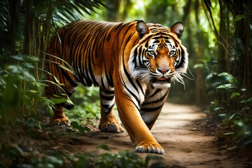 A majestic Bengal Tiger prowling through a dense and vibrant tropical jungle, its powerful gaze...