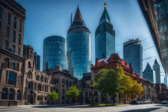 canda, ontario, toronto, modern architecture with tower of old city hall.