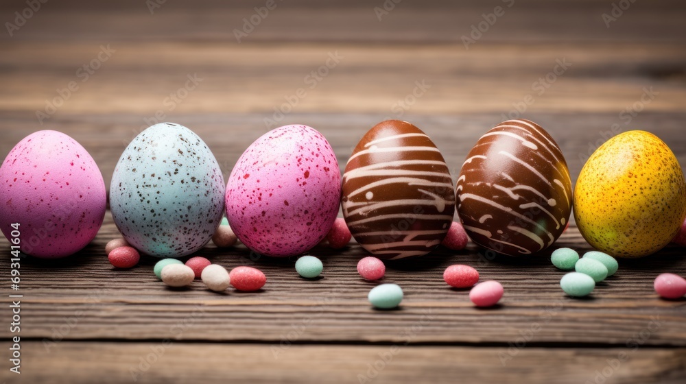 Poster a row of chocolate easter eggs with sprinkles and candies on a wooden table in front of a row of cho