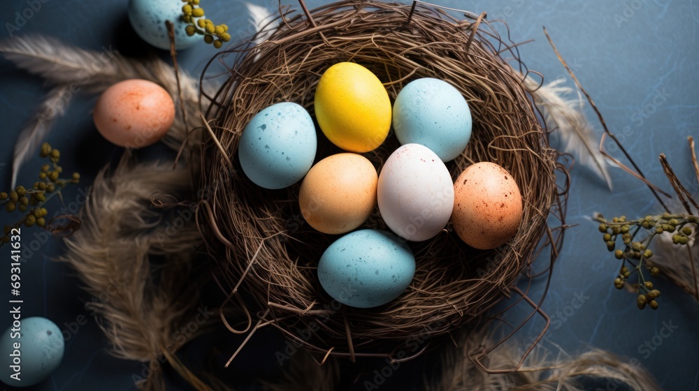 Poster a bird's nest filled with eggs on top of a blue surface next to feathers and a twig with a yellow an